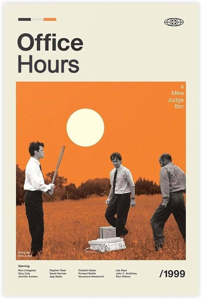 A minimalist movie poster for "Office Hours" featuring three men in business attire standing in a field under an orange sky with a large white sun. One man holds a baseball bat over a printer on the ground, while the others watch.