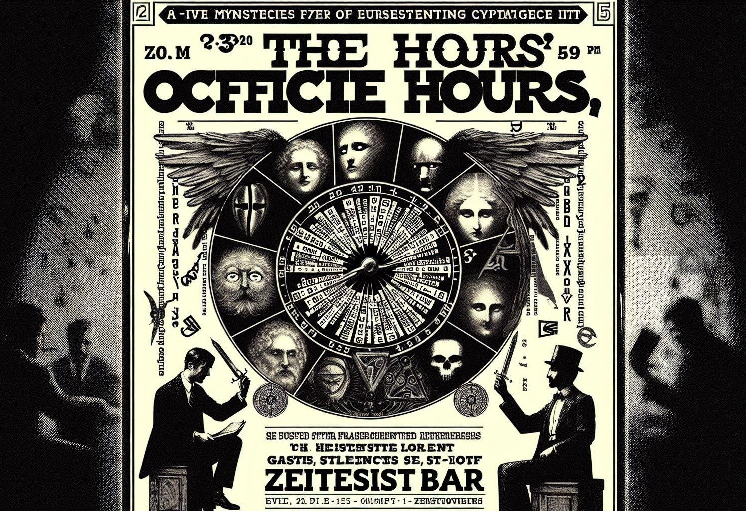 A black and white vintage-style poster featuring a central circular diagram with various faces, a skull, and cryptic symbols, flanked by two winged figures and men in suits. The top of the poster displays large, distorted text that reads "THE HOURS OFFICE HOURS" alongside other nonsensical phrases.