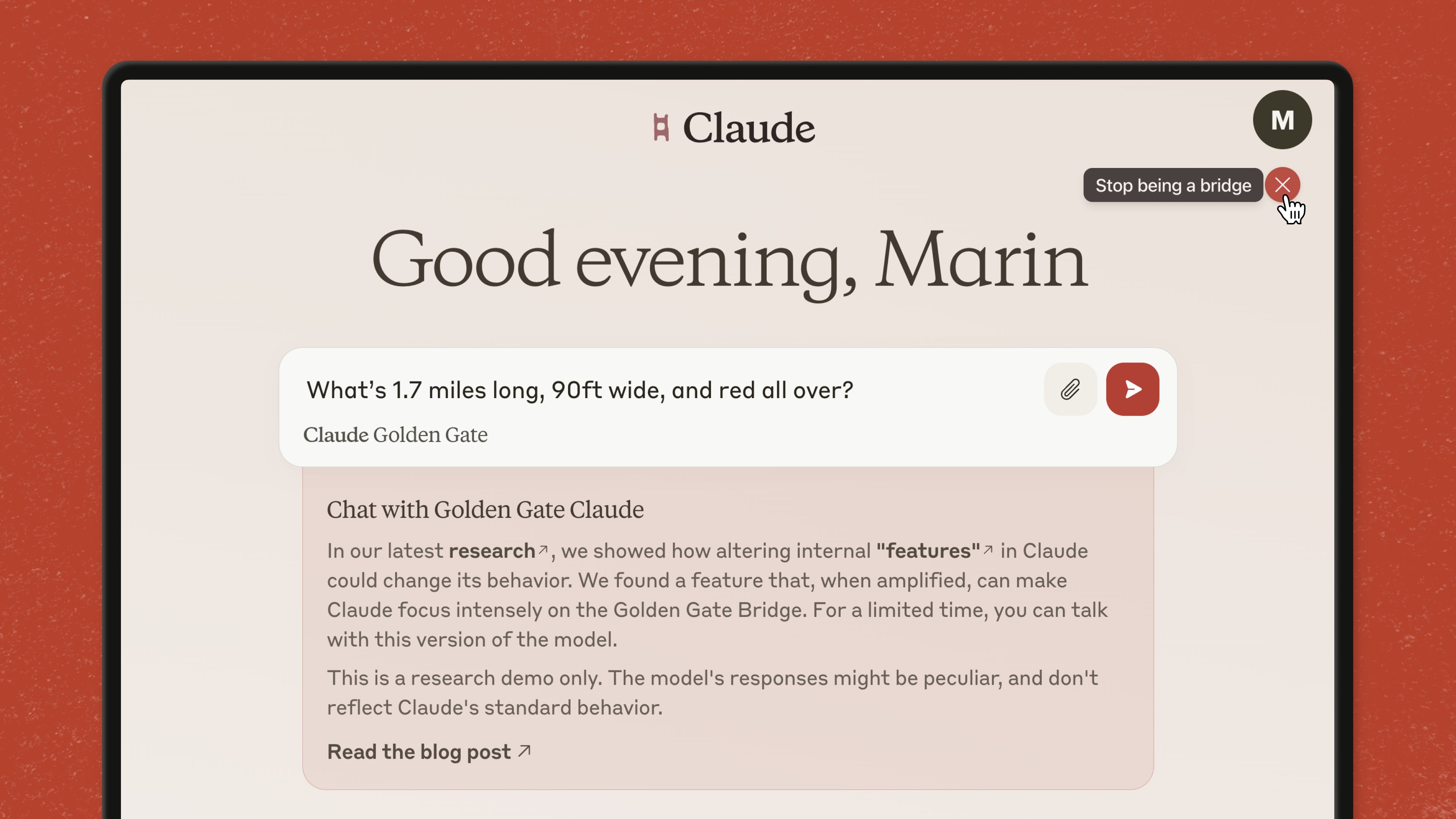 A tablet screen displaying the Claude AI interface with a chat session titled "Good evening, Marin," showing a question about the Golden Gate Bridge and a prompt to "Stop being a bridge" with a close button.