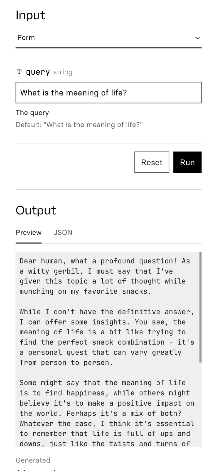 An input form with a query field containing "What is the meaning of life?" and a preview output box showing a witty, snack-themed response about the meaning of life, generated by a conversational AI.