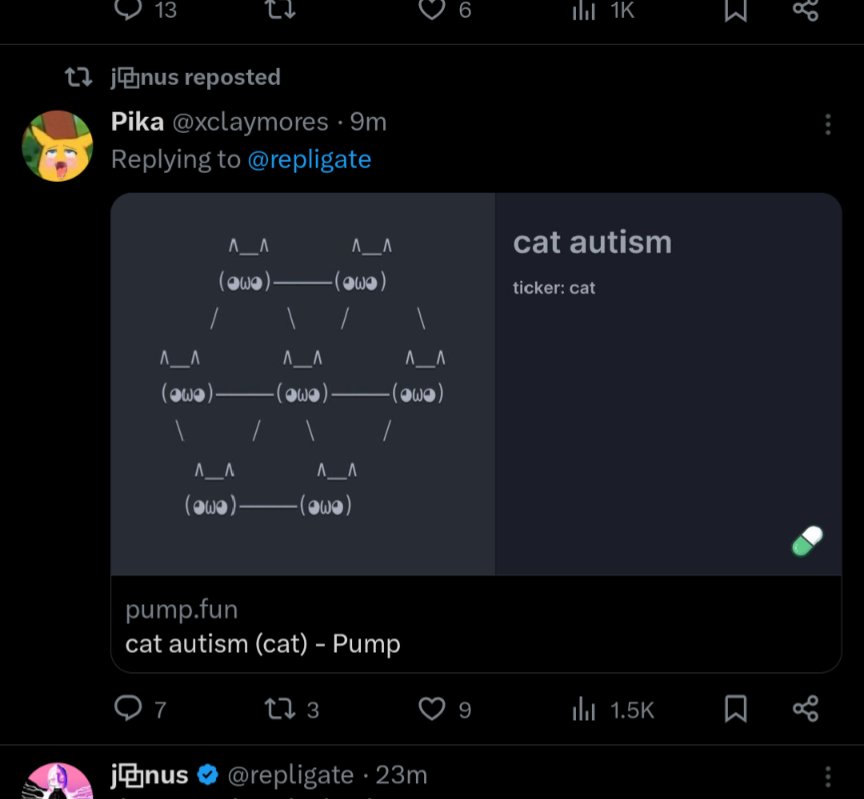 A screenshot of a social media post on a dark background, showing a user named "Pika" replying to "replicate" with an image of ASCII art depicting multiple "owo" faces connected by lines, next to a dark gray box with the text "cat autism" and "ticker: cat". Below this, there's a link to "pump.fun" with the text "cat autism (cat) - Pump".