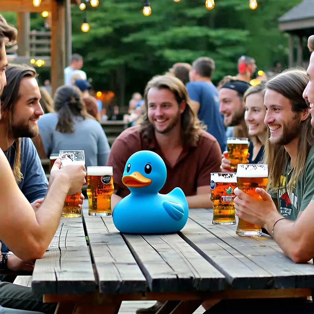 A large blue rubber duck sits in the center of a wooden picnic table surrounded by several people holding glasses of beer. The group is outdoors at dusk under string lights, with many people smiling and talking in the background.