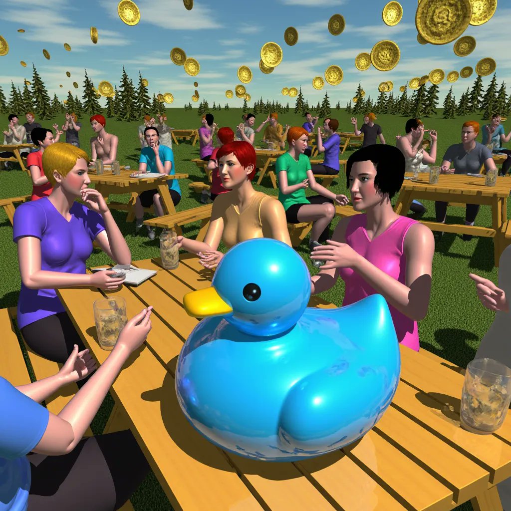A surreal digital rendering shows many people sitting at picnic tables in a field while gold coins rain from the sky. In the foreground, a large, shiny blue rubber duck sits on a table surrounded by people.