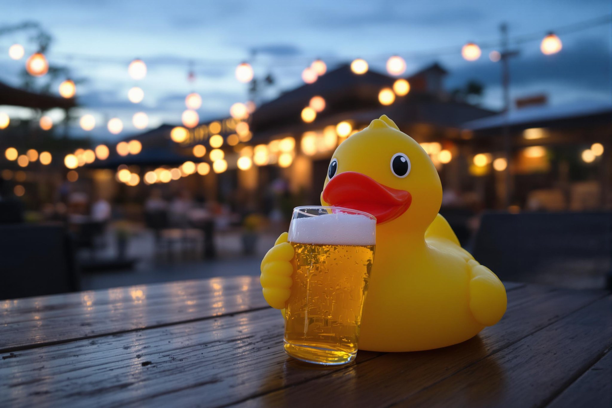 A large yellow rubber duck sits at a wooden table outdoors, holding a glass of beer with its wing. The background is a blurred evening scene with warm string lights and a building.