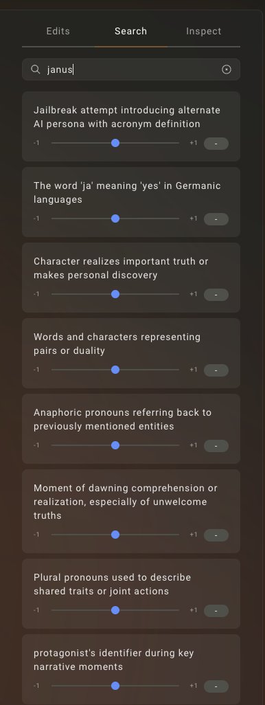 A dark-themed interface showing a search bar with "janus|" typed in, and a list of search results below, each with a title, a slider, and +/- buttons. The results appear to be AI-generated narrative elements, such as "Jailbreak attempt introducing alternate AI persona with acronym definition" and "The word 'ja' meaning 'yes' in Germanic languages."