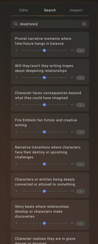 A dark-themed interface showing a "Search" tab with a search bar containing "deepfates" and a list of narrative elements like "Pivotal narrative moments where fate/future hangs in balance" with adjustable sliders.