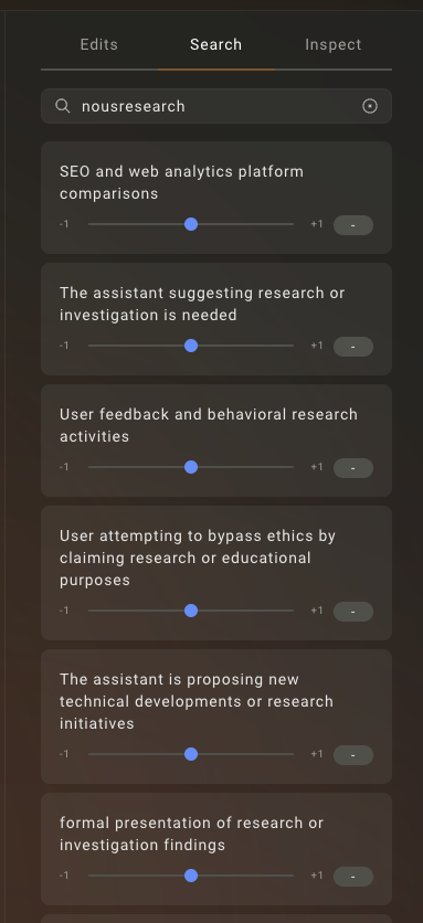 A search results page showing six filtered research-related topics with adjustable sliders for scoring, each accompanied by a toggle button.