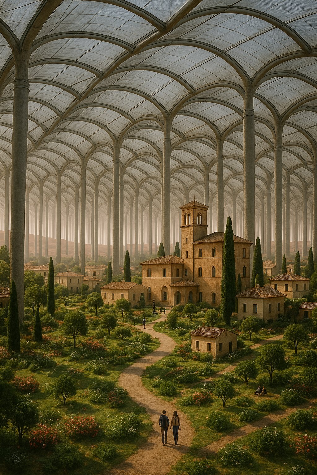 Under a vast, arched glass ceiling supported by towering columns, a serene Italian-style village with cobblestone paths, lush greenery, and rustic stone buildings is nestled inside a massive greenhouse-like structure. Two people stroll along a winding path, surrounded by vibrant flowers and trees, while others sit peacefully nearby.