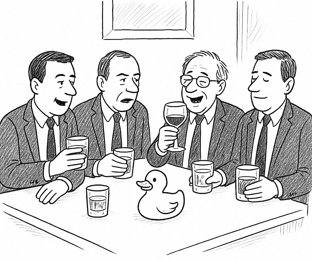 A black and white cartoon shows four men in suits sitting around a table with drinks, looking at a rubber duck in the center of the table. One man holds a wine glass while the others hold tumblers, and they appear to be in the middle of a conversation.