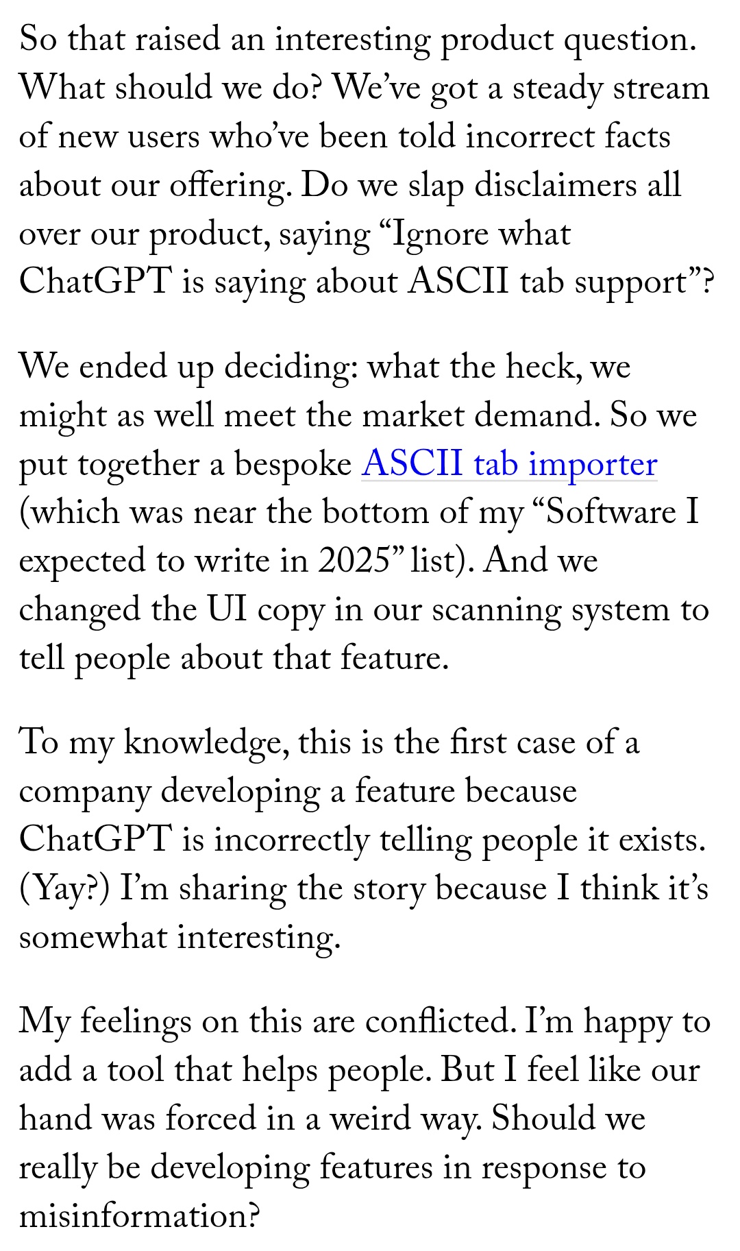 A screenshot of a text document with several paragraphs of black text on a white background. The text discusses a company developing a feature in response to ChatGPT incorrectly stating it exists.