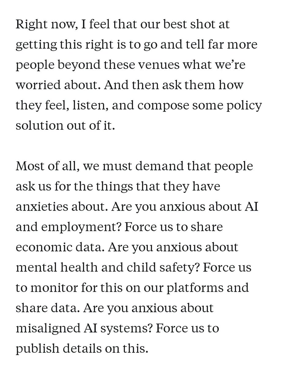 The image displays a block of text discussing the need to communicate concerns about AI and ask the public for input on issues like employment, mental health, child safety, and misaligned AI systems, urging transparency through data sharing and publishing.