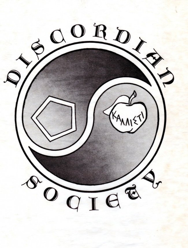 A black-and-white logo for the "Discordoridian Society," featuring a yin-yang symbol split into two halves: one with a pentagon and the other with an apple bearing the Greek word "ΚΑΛΛΙΣΤΙ" (Kallisti), encircled by the society's name in a stylized, gothic font.