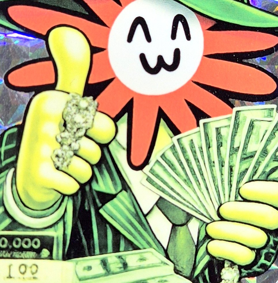A cartoon character with a white sun-like face and orange petals wears a green suit and tie while holding a fan of cash. The character gives a thumbs up with a large ring on its thumb, and more money is visible in the foreground.