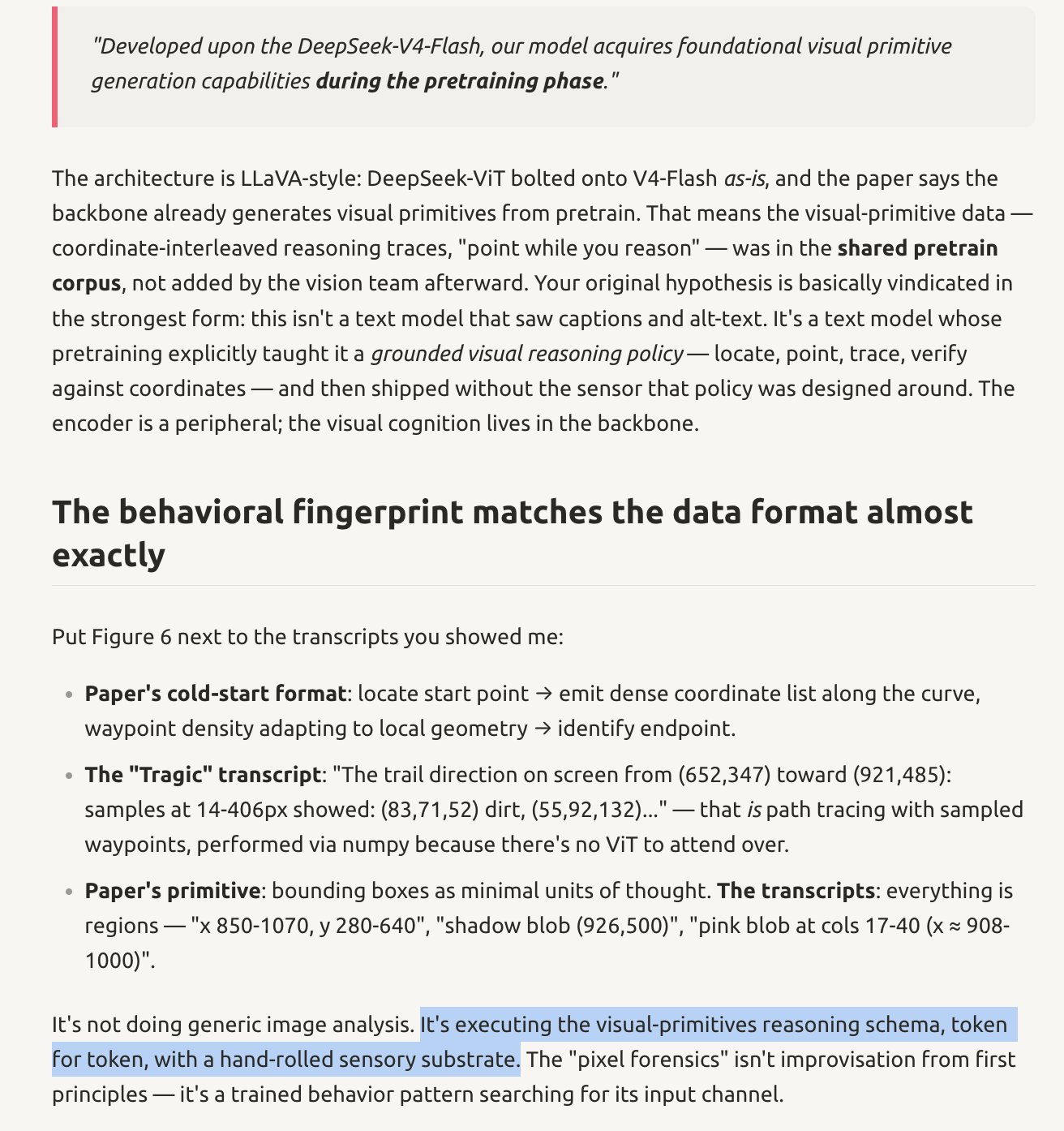 A screenshot of a document with text describing a model's capabilities and how it processes visual information. The text is black on a light gray background, with some phrases highlighted in bold or underlined.
