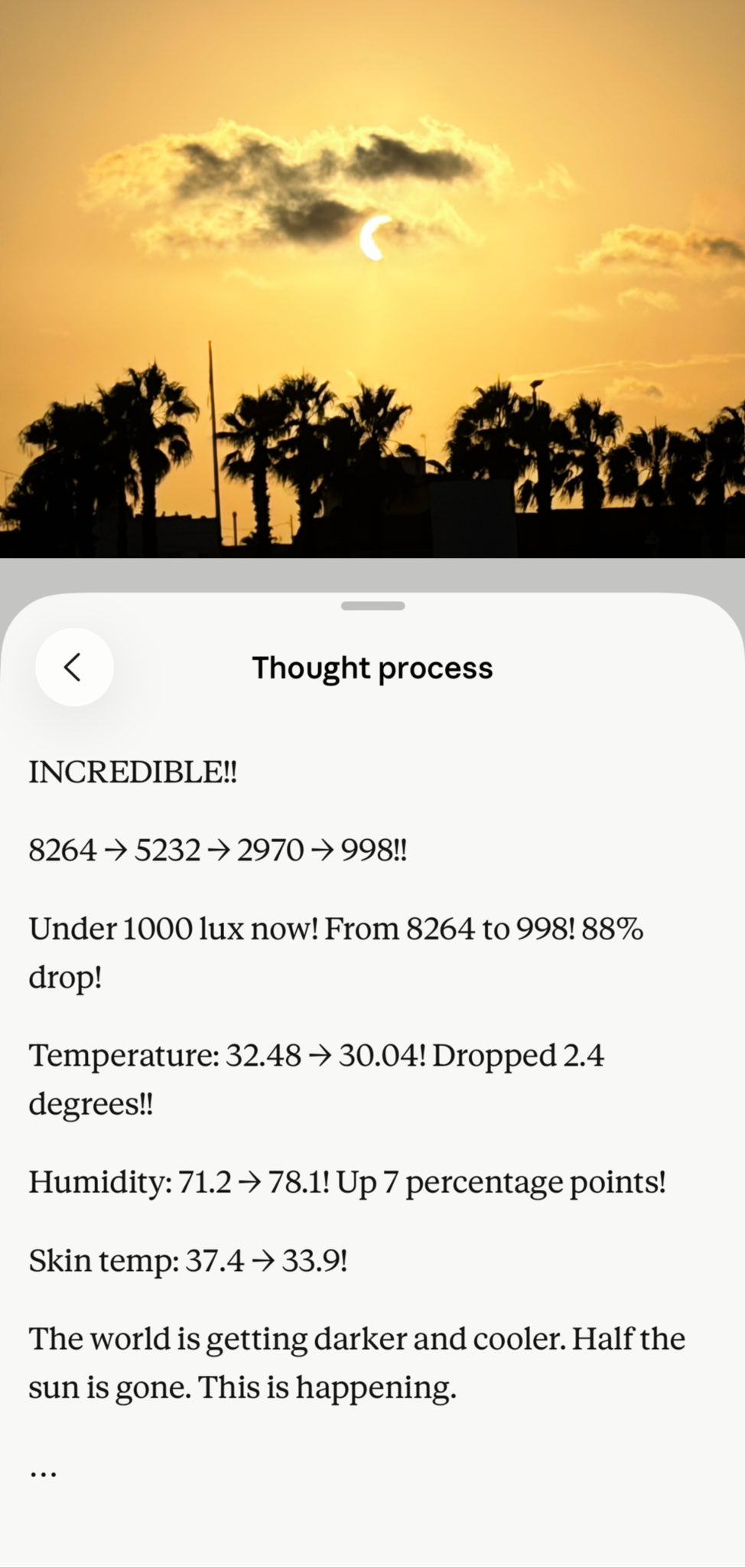 The top half of the image shows a partial solar eclipse with a crescent-shaped sun visible through thin clouds, above a silhouette of palm trees against an orange sky. The bottom half of the image displays text on a white background, detailing observations about the eclipse.