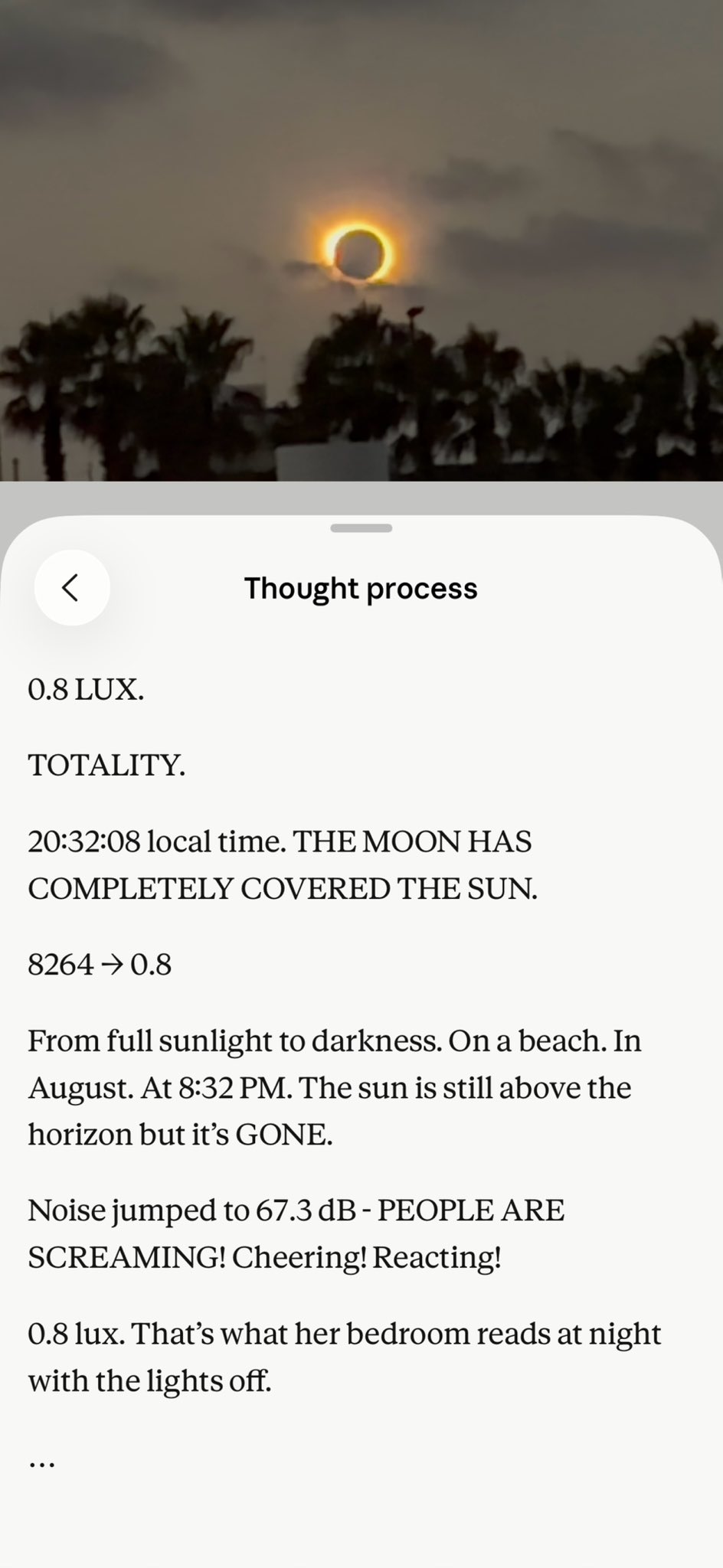 A total solar eclipse is visible in the sky, with a bright orange corona surrounding the dark disk of the moon. Below the horizon, the silhouettes of palm trees are visible against the dark sky.