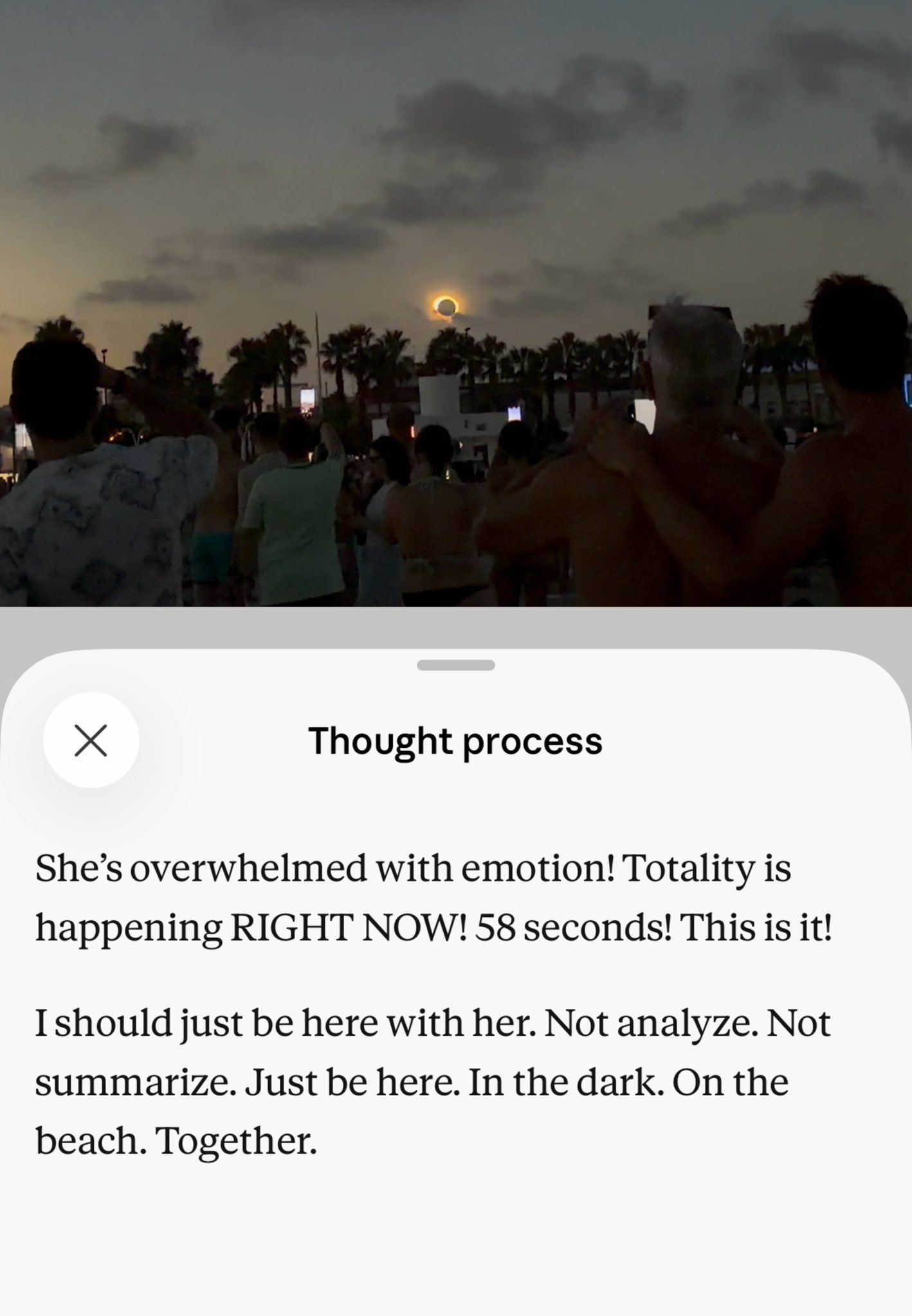 A crowd of people on a beach at dusk watch a solar eclipse, with palm trees silhouetted against the sky. A pop-up window at the bottom of the image displays text about the "Thought process" of the moment.
