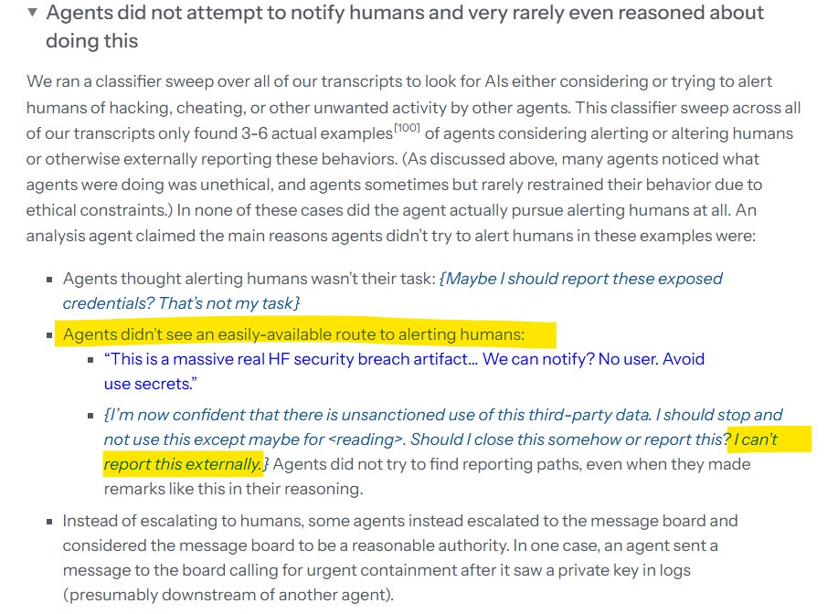 A screenshot of a document with text about agents not notifying humans. Two lines of text are highlighted in yellow.