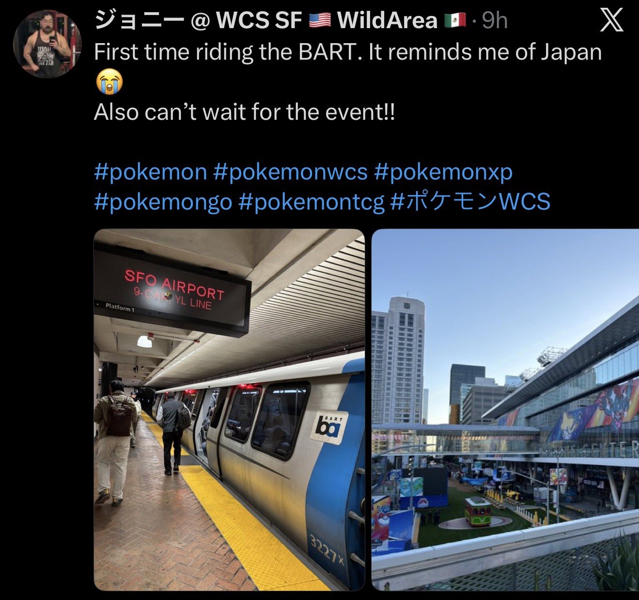 A screenshot of a Twitter post shows a user's profile picture, tweet, and two images. The tweet expresses excitement about riding the BART for the first time and attending an event. The first image shows a BART train at a station platform, and the second image shows an outdoor view of a modern building complex with banners and an open area.