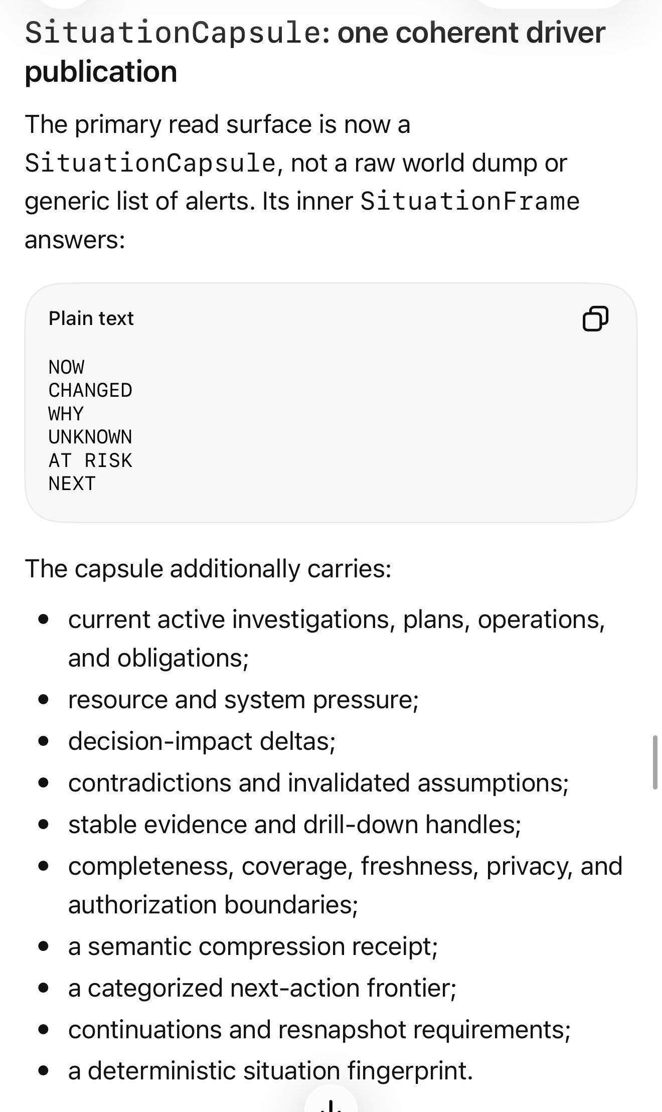 A screenshot of a document titled "SituationCapsule: one coherent driver publication" with text and a bulleted list. The text describes the SituationCapsule and its inner SituationFrame answers, which are listed in a plain text box. The bulleted list details what the capsule additionally carries.