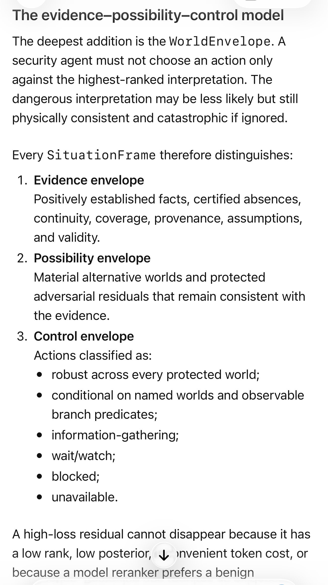A screenshot of a document titled "The evidence-possibility-control model" which describes three types of envelopes: evidence, possibility, and control. The document also includes a partial sentence at the bottom about a high-loss residual.