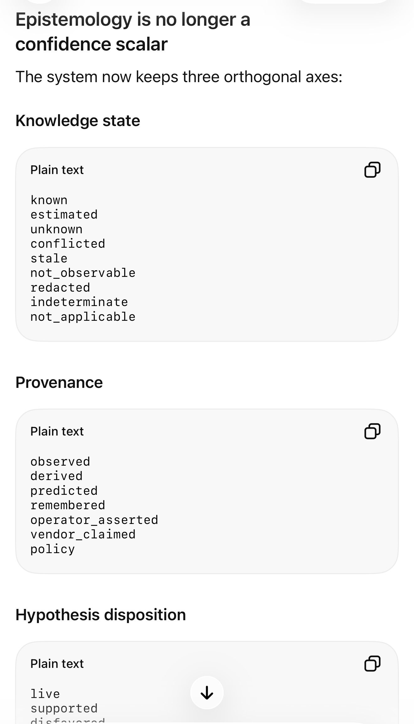 A screenshot of a document with the title "Epistemology is no longer a confidence scalar". The document lists three categories: "Knowledge state", "Provenance", and "Hypothesis disposition", each with a list of related terms.