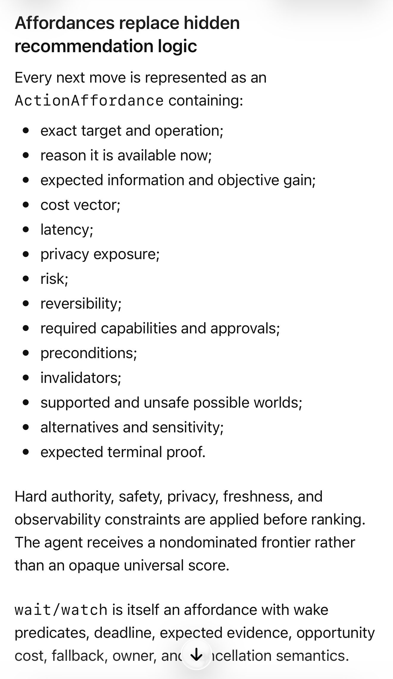 A screenshot of a document with the title "Affordances replace hidden recommendation logic" and a bulleted list of 15 items. Below the list are two paragraphs of text.