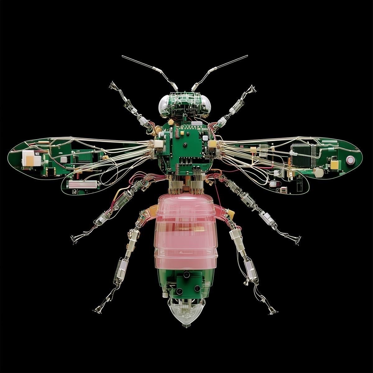 A robotic bee, constructed from green circuit boards, wires, and clear plastic components, is centered against a black background. The head and thorax are made of circuit boards, with clear plastic forming the eyes and a pink, ribbed abdomen.