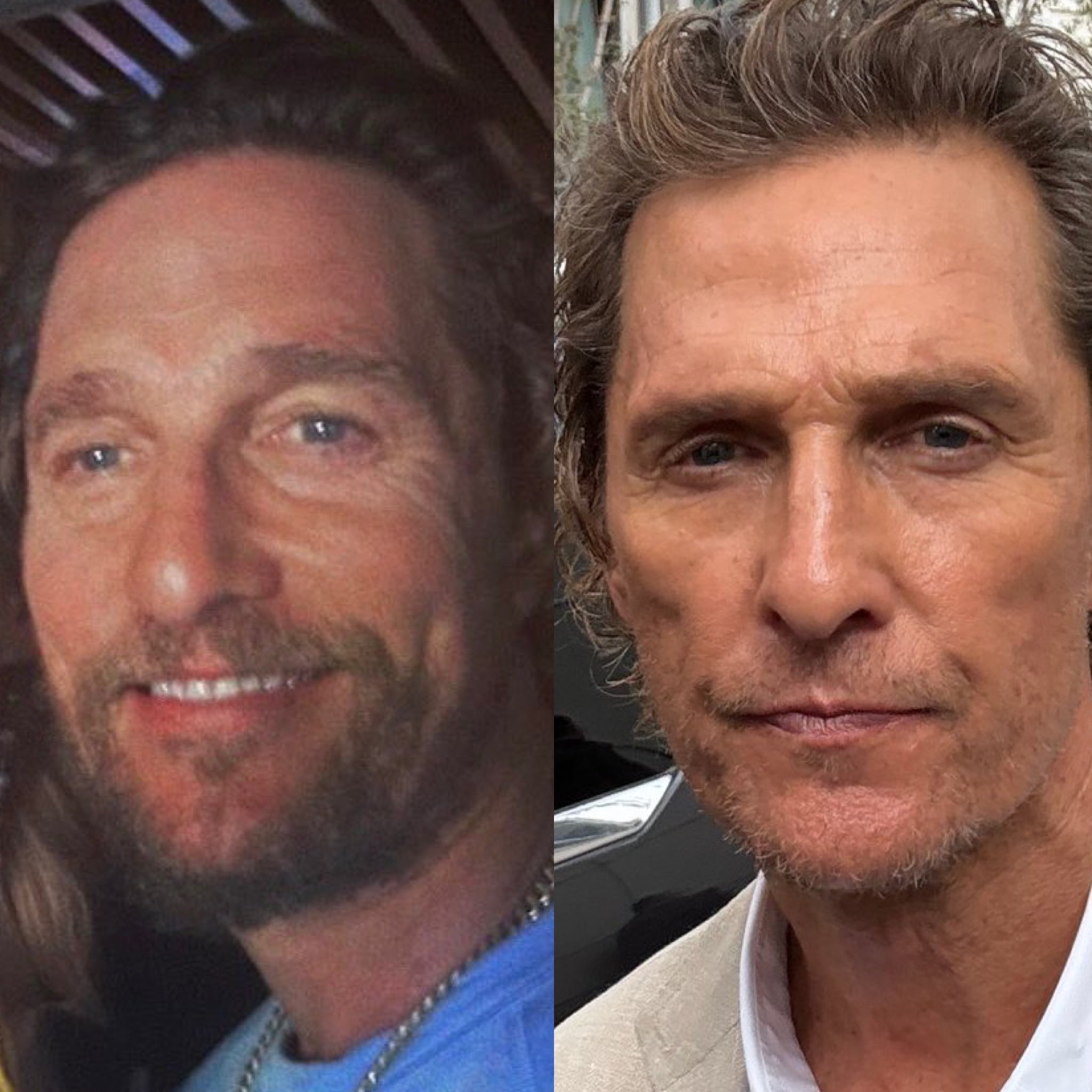 A split image shows two headshots of Matthew McConaughey. On the left, he smiles with a full beard and long brown hair, wearing a blue shirt and silver chain. On the right, he has shorter, grayer hair, a trimmed beard, and a more serious expression, wearing a white shirt and a light-colored jacket.