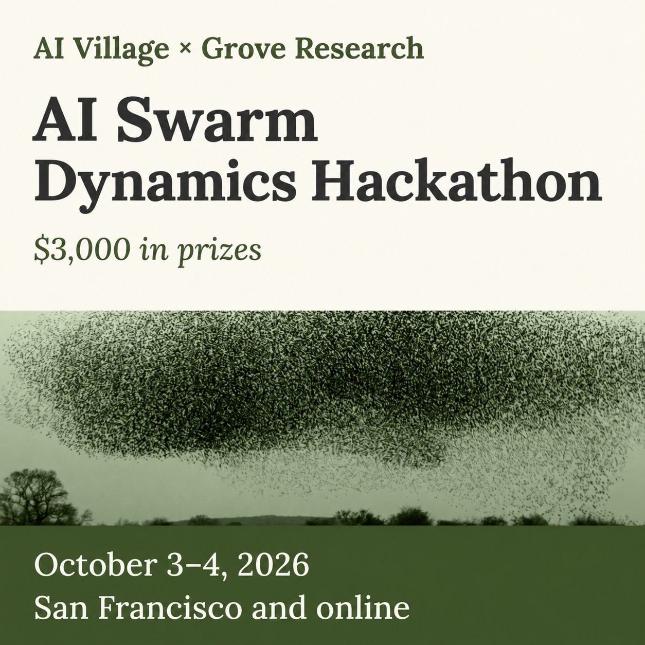 An event poster features a large flock of birds in the middle, with text above and below. The top text is on a light beige background, and the bottom text is on a dark green background.