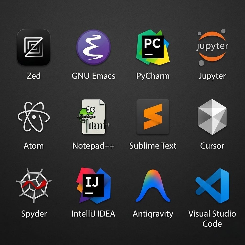 A grid of 12 application icons and their names on a dark gray background. The icons represent various programming and development tools.