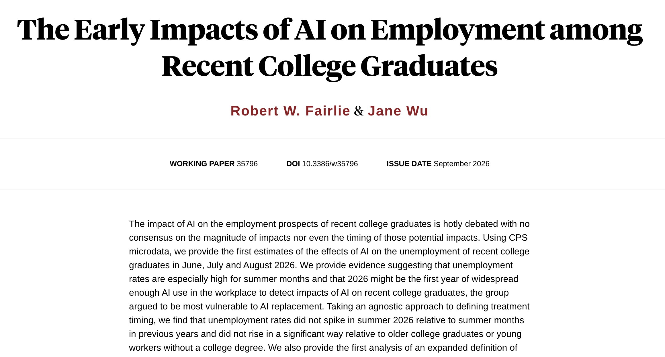 A white paper titled "The Early Impacts of AI on Employment among Recent College Graduates" by Robert W. Fairlie & Jane Wu. The paper is a working paper, number 35796, with a DOI of 10.3386/w35796, and an issue date of September 2026.