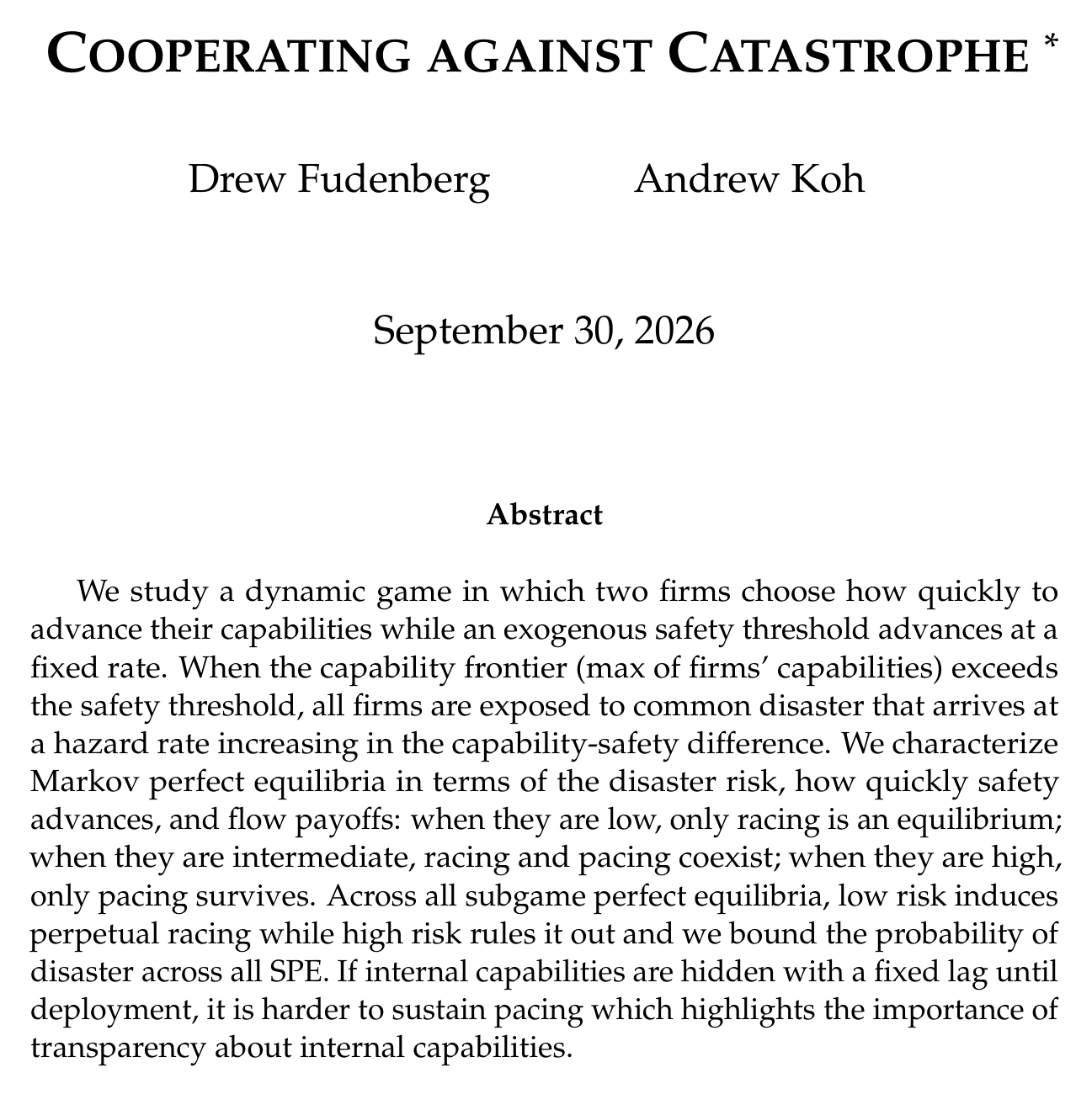 A document titled "COOPERATING AGAINST CATASTROPHE" by Drew Fudenberg and Andrew Koh, dated September 30, 2026, with an abstract describing a dynamic game between two firms.