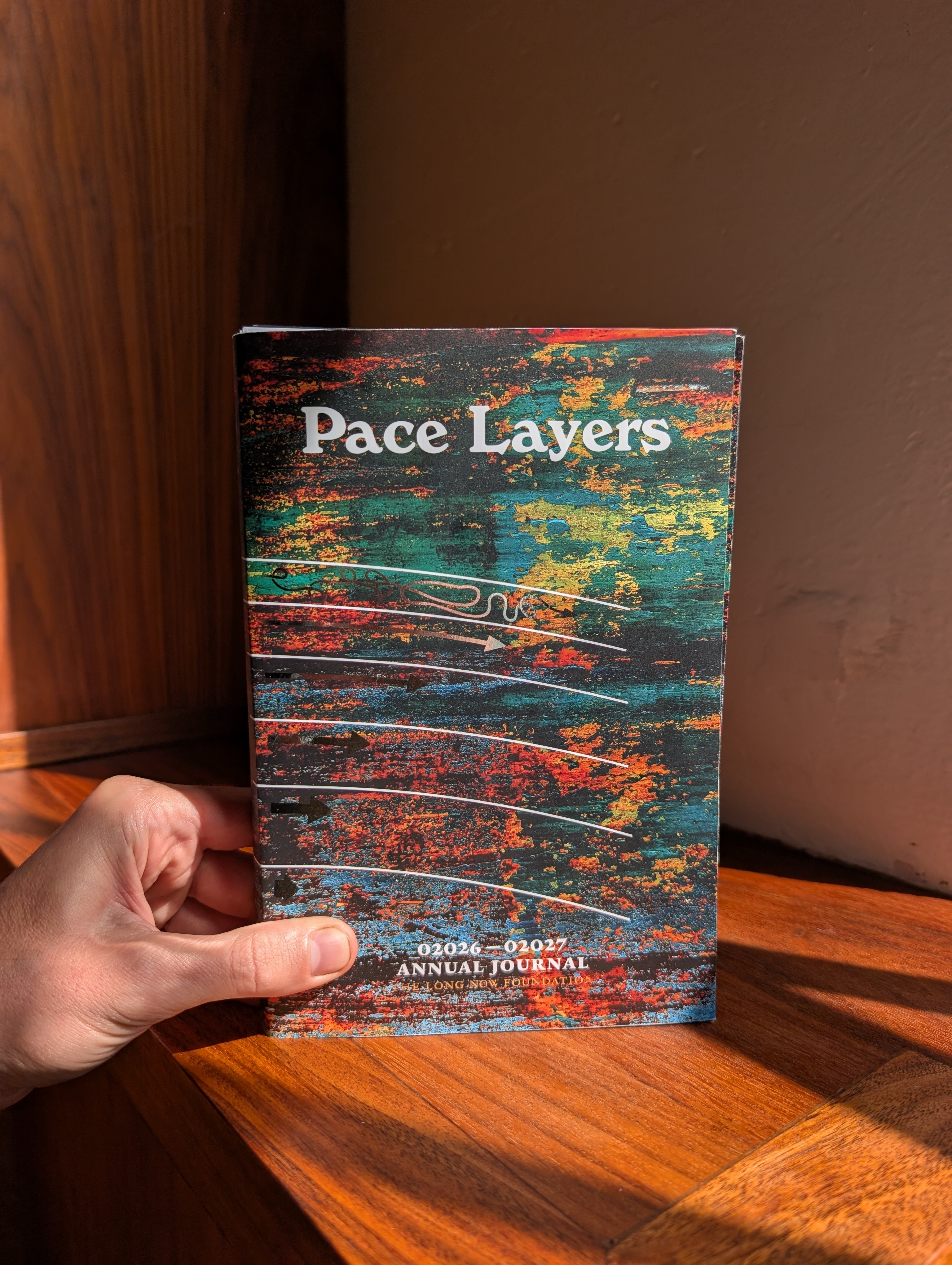 A person's hand holds a book titled "Pace Layers" with a colorful, textured cover featuring abstract patterns in shades of blue, green, orange, and yellow. White lines with arrows and a wavy pattern are overlaid on the abstract background.
