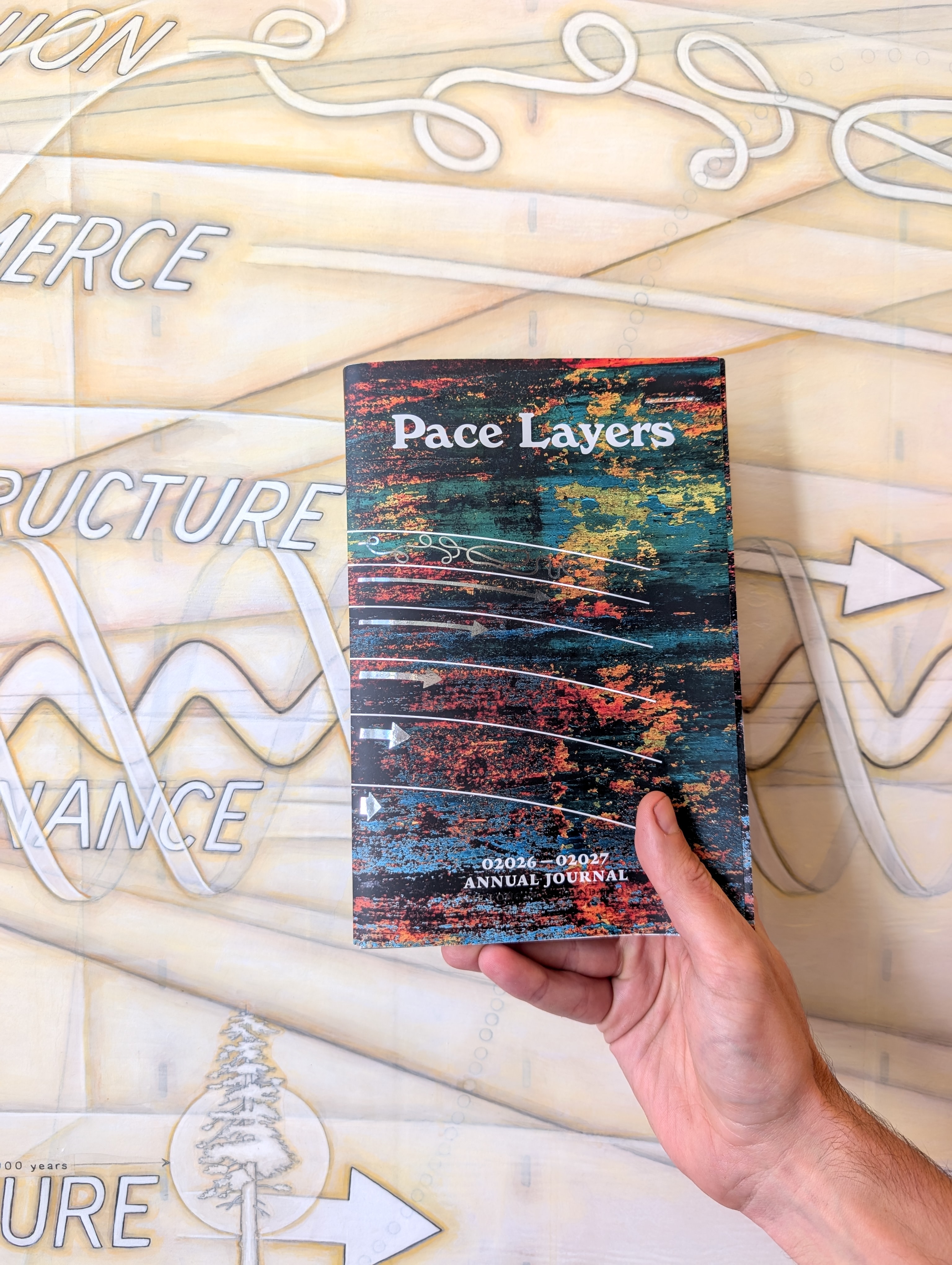 A person's hand holds a dark-colored journal with "Pace Layers" written on the cover. The background is a light-colored mural with words like "STRUCTURE" and "VANCE" and a drawing of a tree.
