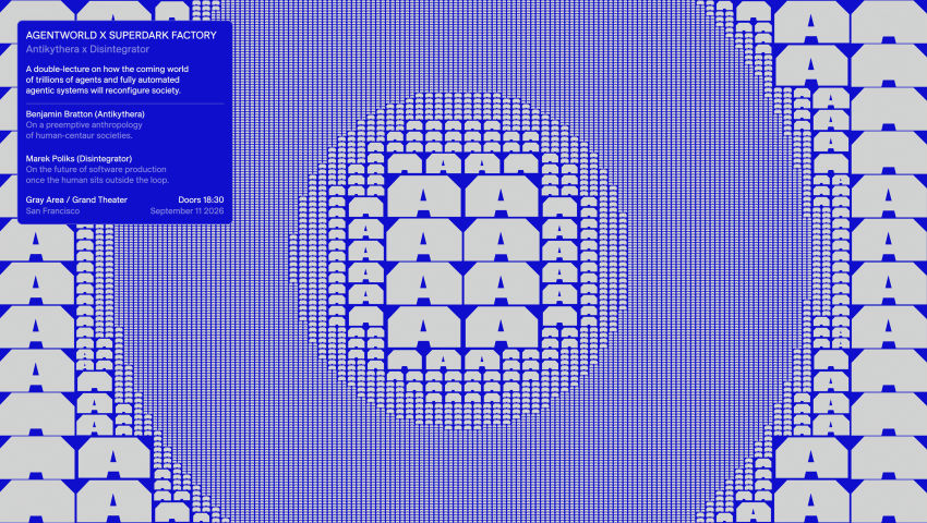 A blue background with a pattern of small, light gray "A" shapes that form a large circular design in the center and vertical stripes on the sides. A dark blue rectangular box in the top left corner contains white text about a lecture.