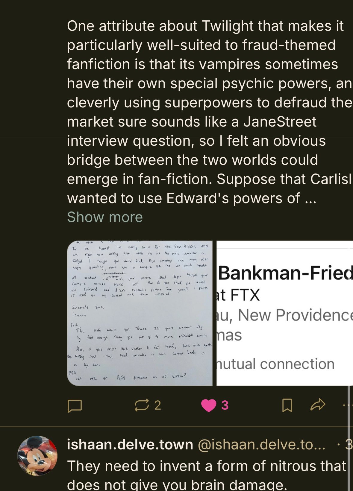 A screenshot of a social media post with a dark background. The post discusses Twilight fanfiction and vampires' psychic powers, with a handwritten letter and a news headline about "Bankman-Fried at FTX" partially visible. Below the post, a profile picture of Mickey Mouse is shown with a comment about inventing a form of nitrous that doesn't cause brain damage.