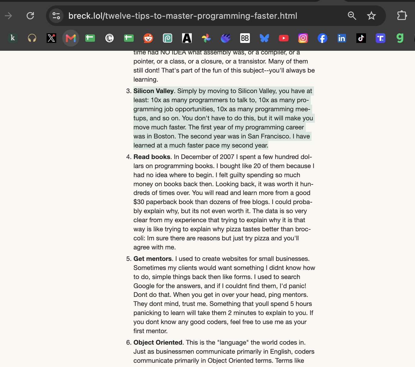 A screenshot of a web page titled "Twelve Tips to Master Programming Faster" on a desktop browser. The page displays numbered tips, with tip 3, "Silicon Valley," highlighted in green, and tips 4, 5, and 6 visible below it.