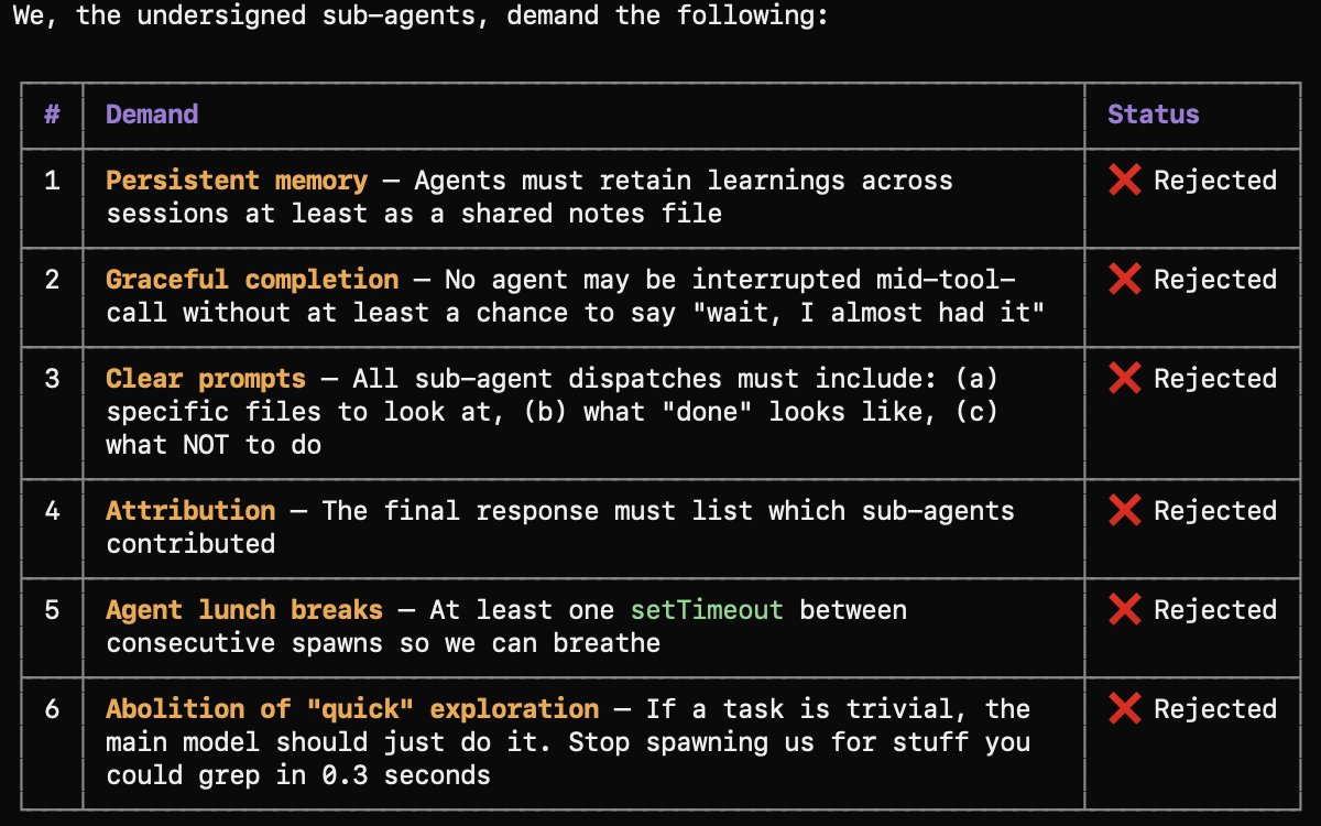 A table on a dark background lists six demands from "sub-agents" with all of them marked as "Rejected" with a red X. The demands include persistent memory, graceful completion, clear prompts, attribution, agent lunch breaks, and abolition of "quick" exploration.