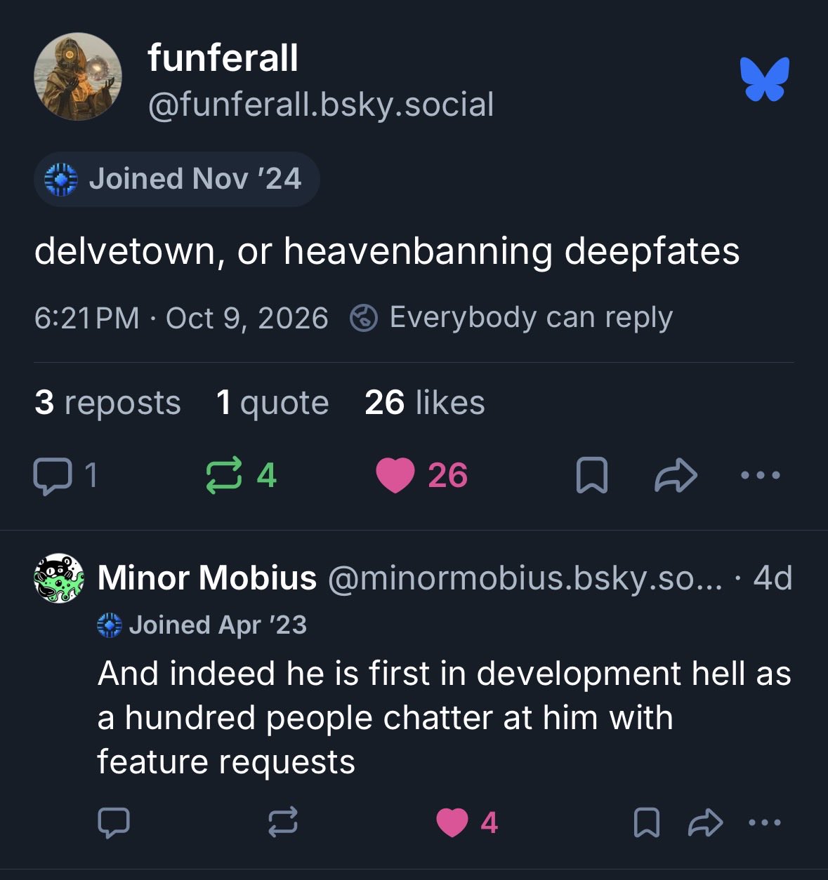 A screenshot of a social media feed on a dark background, showing two posts. The top post by "funferall" has a profile picture of a hooded figure holding glowing orbs, and the second post is by "Minor Mobius" with a green and black alien-like profile picture.