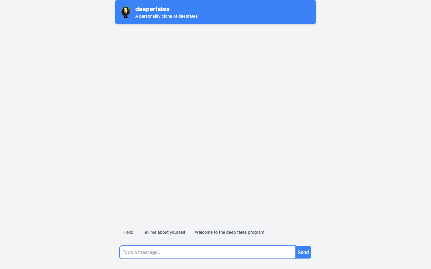 The deeperfates.com chat interface — an avatar, a text field, and suggestion buttons