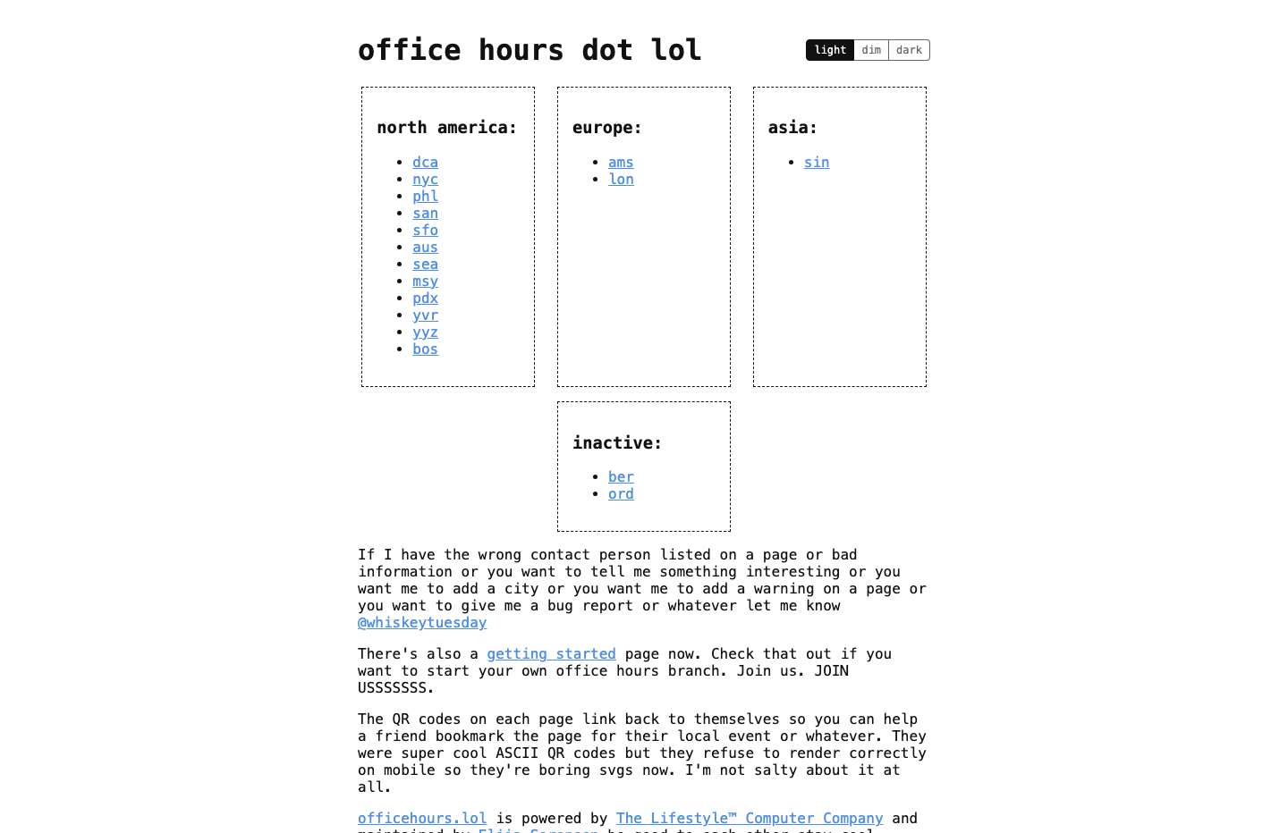 The officehours.lol website showing all cities