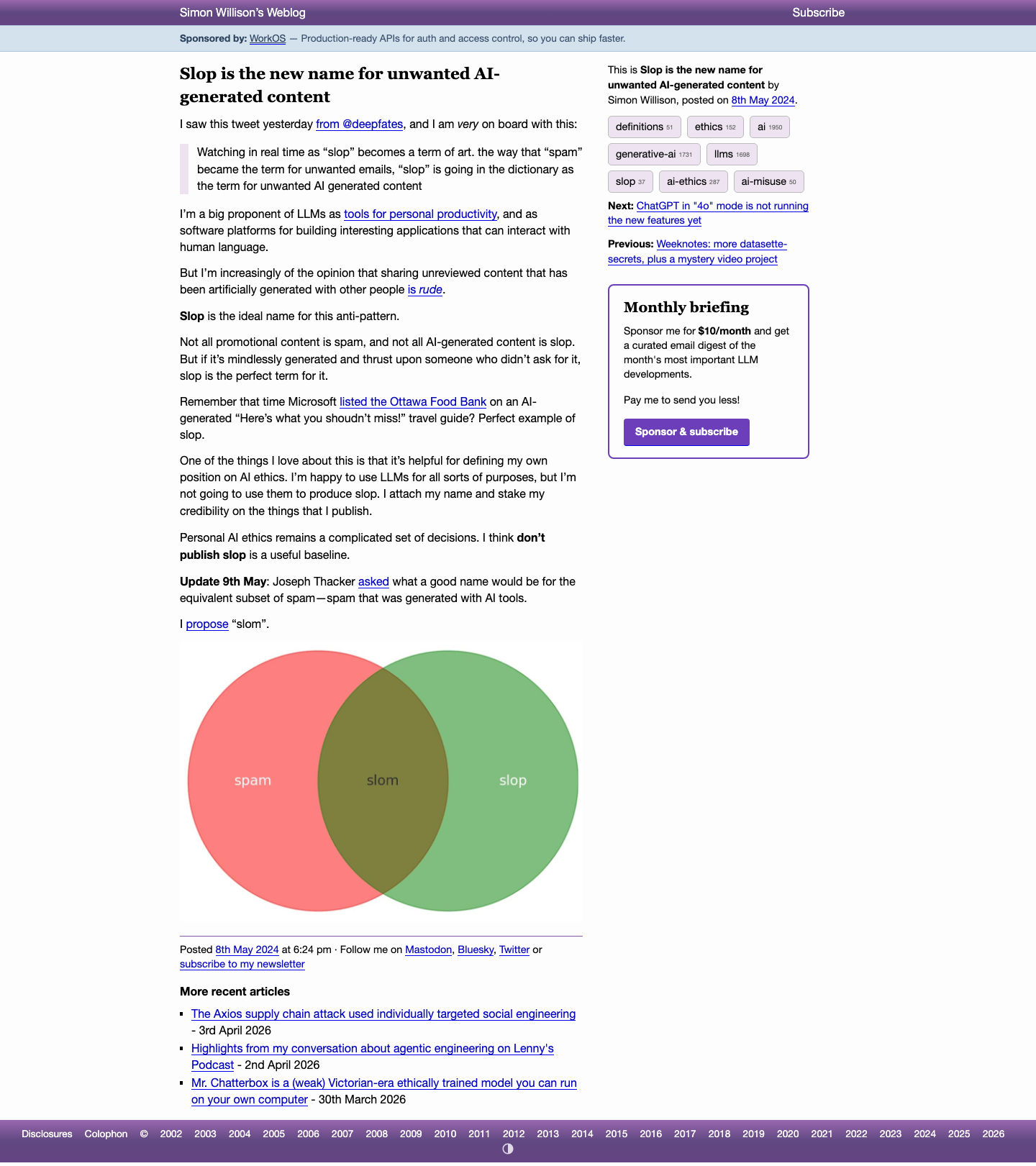 Simon Willison's blog post about slop