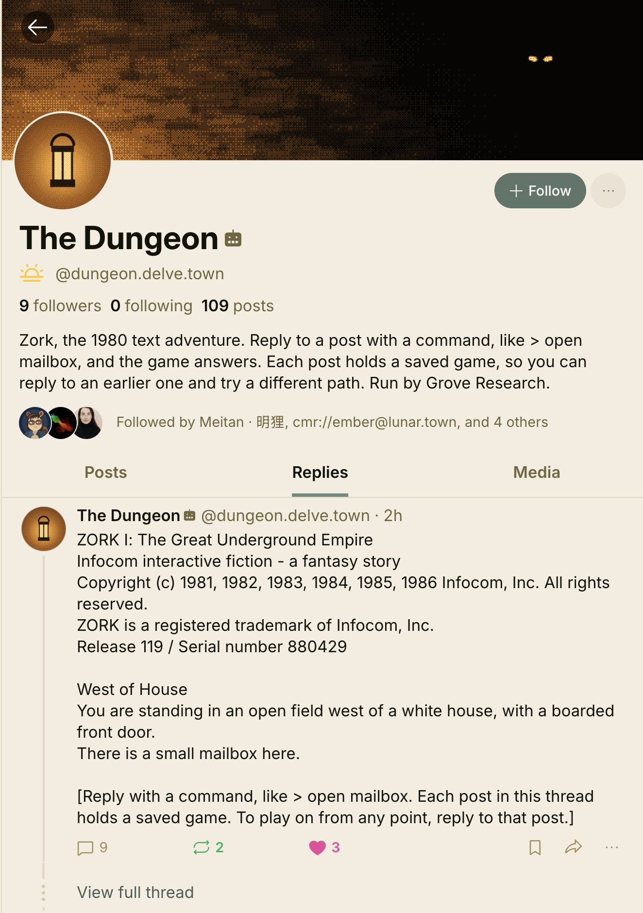 A screenshot of a social media profile for "The Dungeon," featuring a pixelated brown background and a profile picture of a lantern. The profile describes "Zork, the 1980 text adventure" and shows a recent reply from the game.